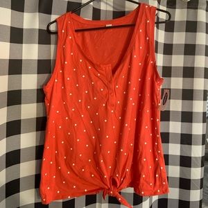Bright Coral pink, polka dot tie front button down tank.